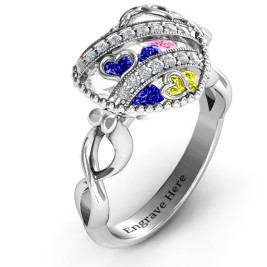 Sparkling Diamond Hearts Caged Hearts Ring with Infinity Band