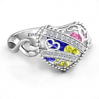 Sparkling Diamond Hearts Caged Hearts Ring with Infinity Band