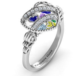 Sparkling Hearts Caged Hearts Ring with Butterfly Wings Band