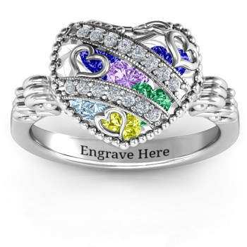 Sparkling Hearts Caged Hearts Ring with Butterfly Wings Band