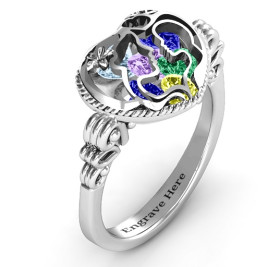 Mother and Child Caged Hearts Ring with Butterfly Wings Band