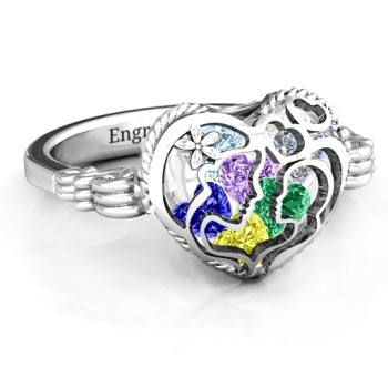 Mother and Child Caged Hearts Ring with Butterfly Wings Band