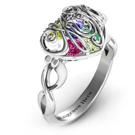 Cursive Mom Caged Hearts Ring with Infinity Band