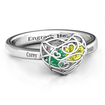 Encased in Love Petite Caged Hearts Ring with Classic with Engravings Band