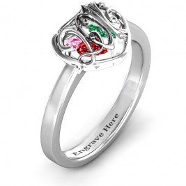 2016 Petite Caged Hearts Ring with Classic with Engravings Band