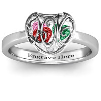 2016 Petite Caged Hearts Ring with Classic with Engravings Band