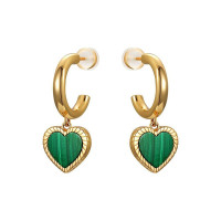 18ct Gold Plated Hoop Earring With Malachite Heart Charm Dangle Earrings
