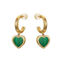 18ct Gold Plated Hoop Earring With Malachite Heart Charm Dangle Earrings