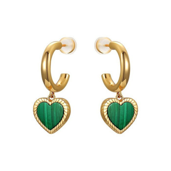 18ct Gold Plated Hoop Earring With Malachite Heart Charm Dangle Earrings
