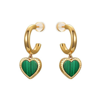 18ct Gold Plated Hoop Earring With Malachite Heart Charm Dangle Earrings