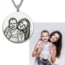 Round Photo Engraved Necklace Sterling Silver