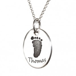 925 Sterling Silver Hand / Footprint Oval Charm Pendant Necklace