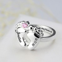 Engraved Baby Feet Ring with Birthstone Sterling Silver