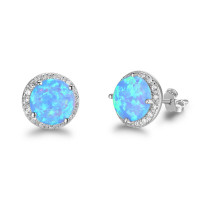 Vibrant Cultured Blue Opal Earrings set in 925 Silver(Round 8mm Blue Opal)