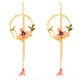 Long Tassel Hook Drop Earrings With Enamel Flower And Bird