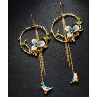 Long Tassel Hook Drop Earrings With Enamel Flower And Bird