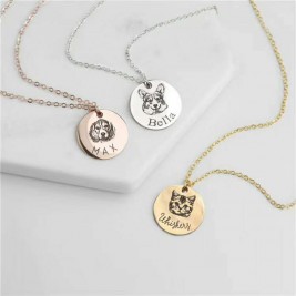 Pet Dog Cat Photo Engraved Round Pendant Necklace