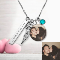 Custom Photo Necklace With Wing Engraved Bar Necklace Sterling Silver