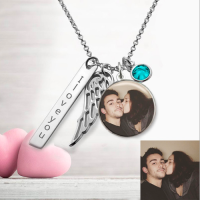 Custom Photo Necklace With Wing Engraved Bar Necklace Sterling Silver