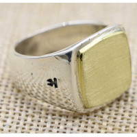 Solid Sterling Silver Square Signet Ring With Gold Brushed Surface Effect