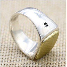 Solid Sterling Silver Square Signet Ring With Gold Brushed Surface Effect