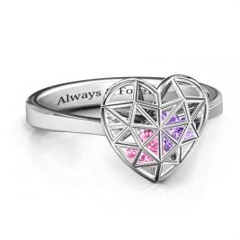 Diamond Heart Cage Ring With Encased Heart Stones