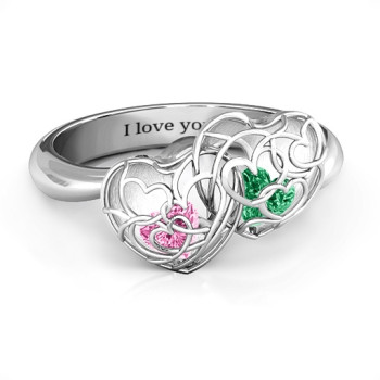 Double Heart Cage Ring with 1-6 Heart Shaped Birthstones