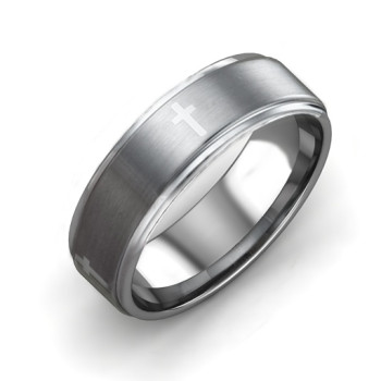 Men's Cross and Brushed Centre Tungsten Ring