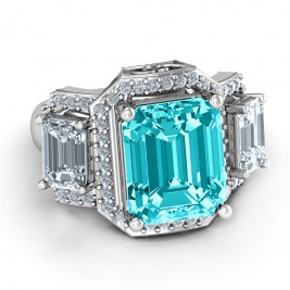 Sterling Silver Emerald Cut Trinity Ring with Triple Halo