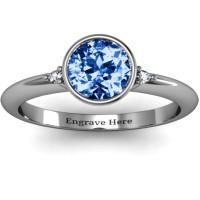 Sterling Silver Round Bezel Solitaire with Twin Accents Ring