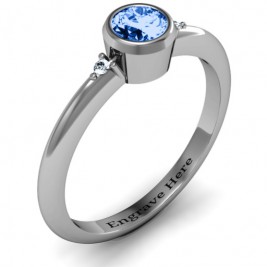 Sterling Silver Round Bezel Solitaire with Twin Accents Ring