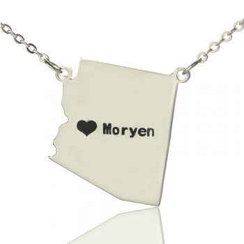 Custom Arizona State Shaped Necklaces With Heart  Name Silver