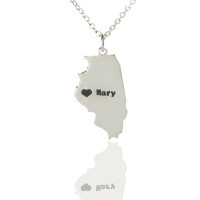 Personalised Illinois State Shaped Necklaces With Heart  Name Silver