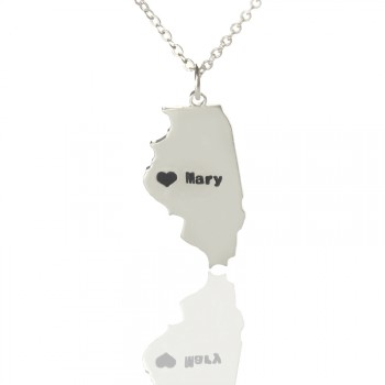Personalised Illinois State Shaped Necklaces With Heart  Name Silver