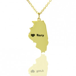 Custom Illinois State Shaped Necklaces With Heart  Name Gold Plated
