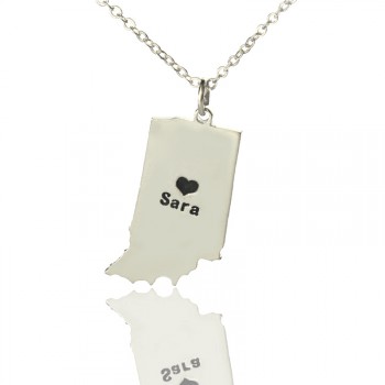 Custom Indiana State Shaped Necklaces With Heart  Name Silver