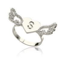 Heart Angel Wings Ring Engraved Initial  Birthstone Sterling Silver