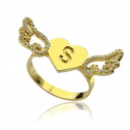 Angel Wings Heart Ring with Birthstone  Initial 18ct Gold Plated