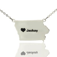 Iowa State USA Map Necklace With Heart  Name Silver