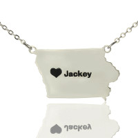 Iowa State USA Map Necklace With Heart  Name Silver