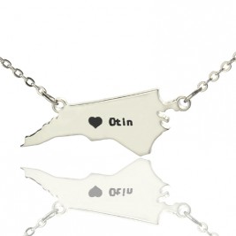 Personalised NC State USA Map Necklace With Heart  Name Silver