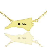 Personalised NC State USA Map Necklace With Heart  Name Gold Plated