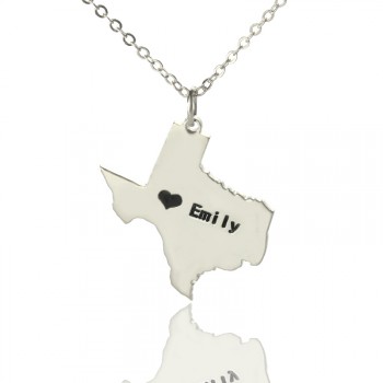 Texas State USA Map Necklace With Heart  Name Silver