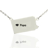 Personalised Pennsylvania State USA Map Necklace With Heart  Name Silver