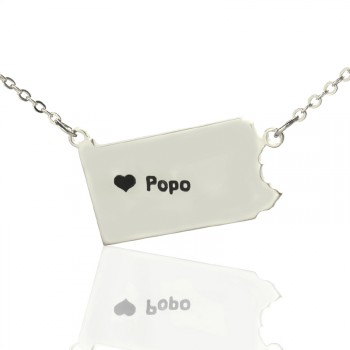 Personalised Pennsylvania State USA Map Necklace With Heart  Name Silver