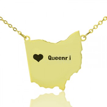 Custom Ohio State USA Map Necklace With Heart  Name Gold Plated