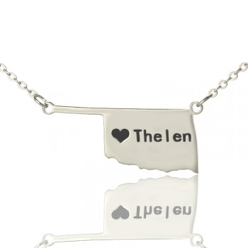 America Oklahoma State USA Map Necklace With Heart  Name Silver