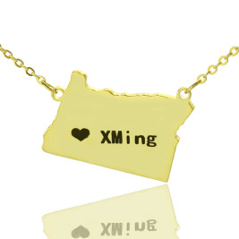 Custom Oregon State USA Map Necklace With Heart  Name Gold Plated