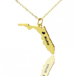 Custom Florida State USA Map Necklace With Heart  Name Gold Plated