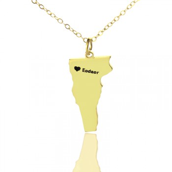 Custom Vermont State USA Map Necklace With Heart  Name Gold Plated